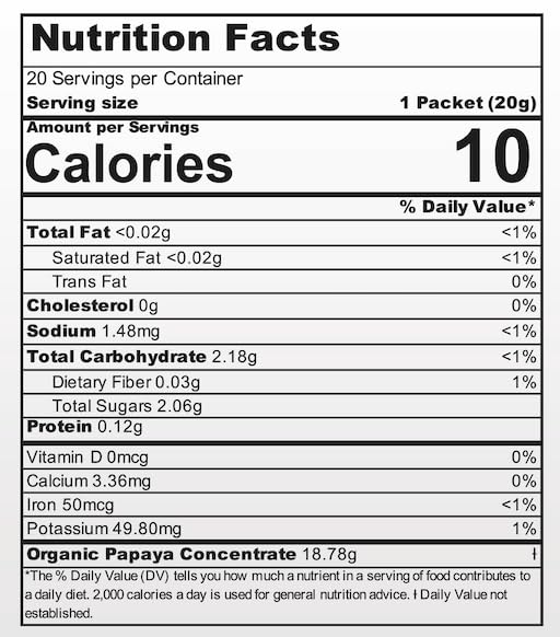 OMNi BiOTiC Caricol papaya sachet close-up showing enzyme-rich formula for gentle support