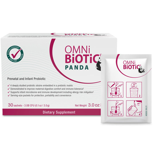 OMNi BiOTiC Panda prenatal probiotic powder sachet supports daily digestion during pregnancy.