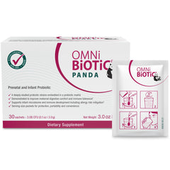 OMNi BiOTiC Panda prenatal probiotic powder sachet supports daily digestion during pregnancy.