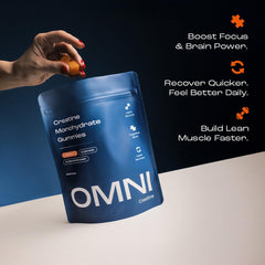 OMNI Creatine Gummies on the go, easy chew for workouts and focus.
