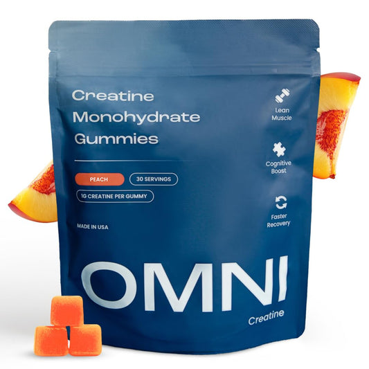 OMNI Creatine Gummies peach flavor bottle close-up for convenient daily strength support.