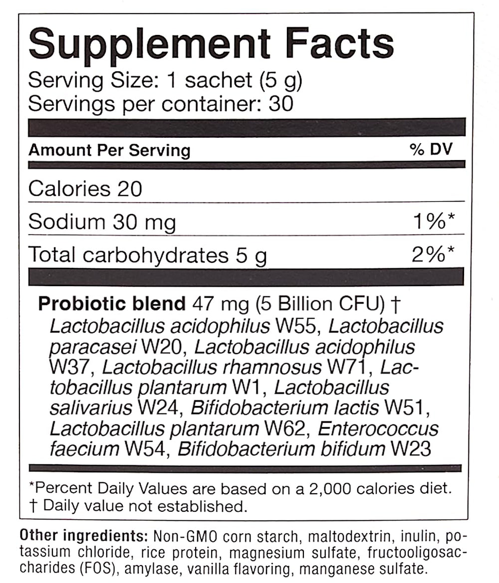 OMNi BiOTiC AB 10 bottle label highlights daily dose and benefits.