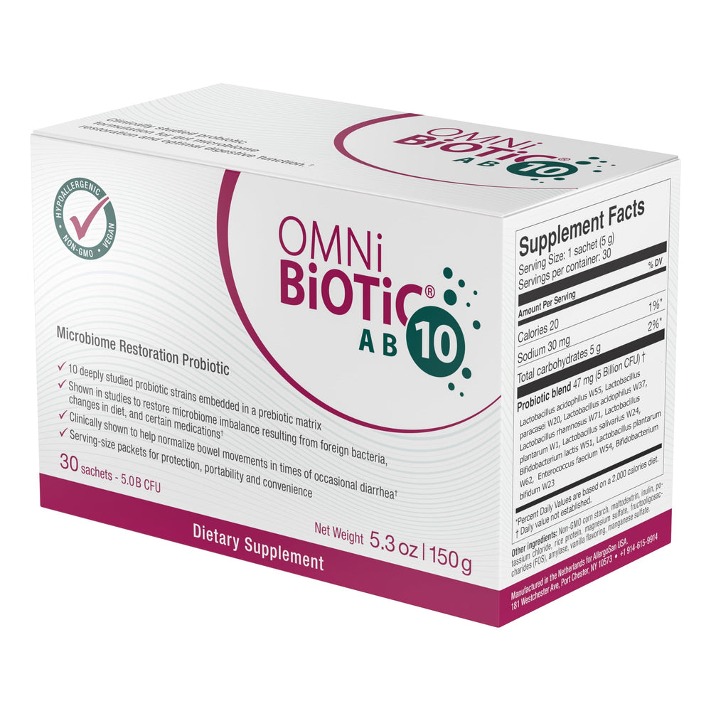 OMNi BiOTiC AB 10 closeup powder shows microbe-rich texture.