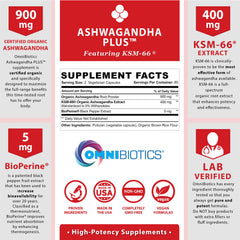 OmniBiotics Ashwagandha capsules close-up shows vegan, full-spectrum formula