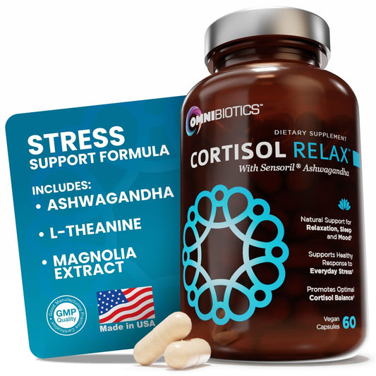 OmniBiotics Cortisol Relax bottle being poured, suggesting easy daily stress support.