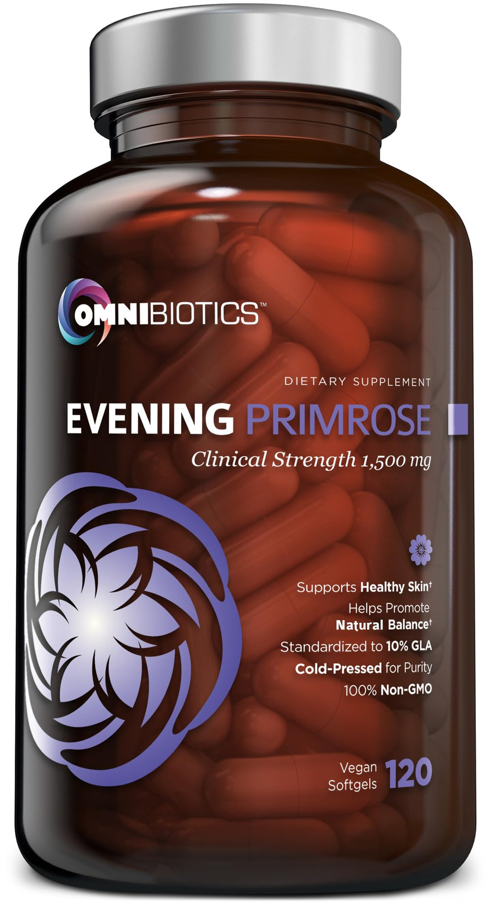 OmniBiotics Evening Primrose Oil bottle shows organic purity for daily wellness.