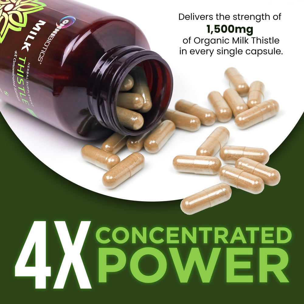 OmniBiotics Milk Thistle capsules close-up highlights 1500mg potency for strong daily support.