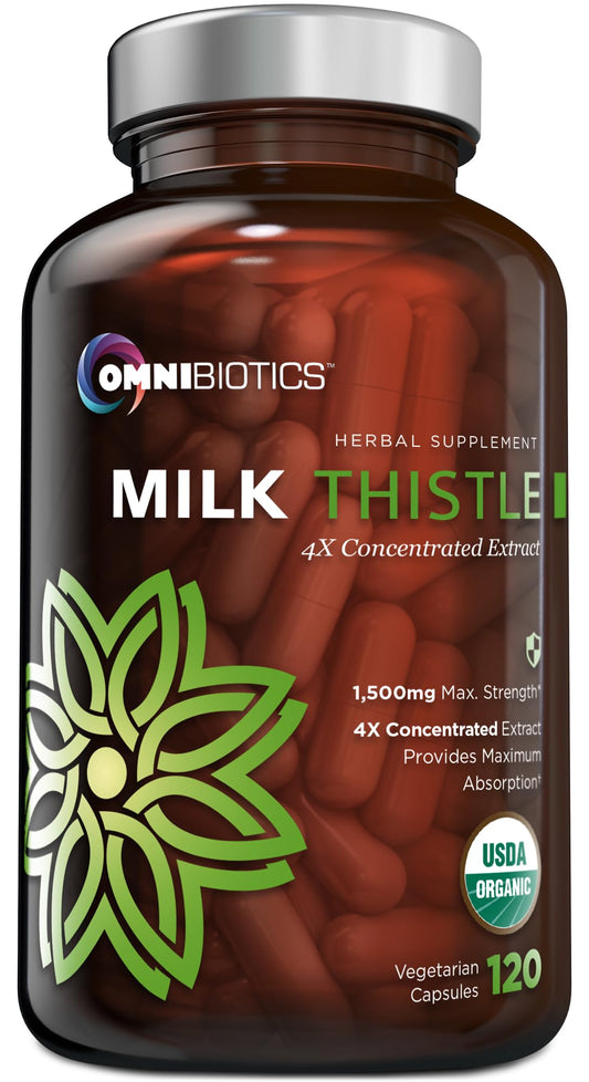 OmniBiotics Organic Milk Thistle bottle shows high-potency liver support for daily wellness.