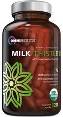 OmniBiotics Organic Milk Thistle bottle shows high-potency liver support for daily wellness.