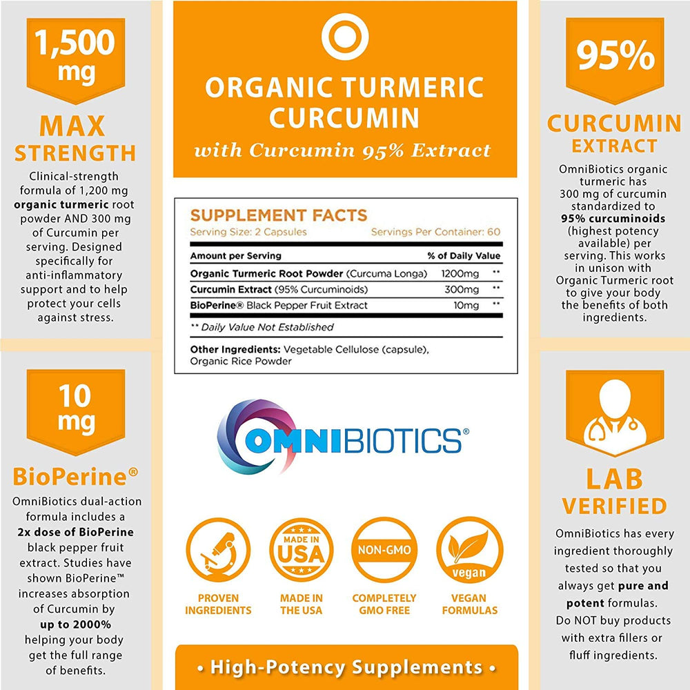 OmniBiotics turmeric bottle back label with potency and ingredients highlighted