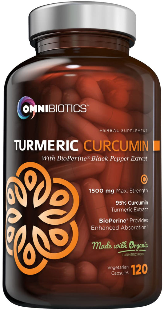 OmniBiotics turmeric bottle front showing high-potency capsules for joint support