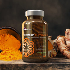 Packaging design of OmniBiotics turmeric emphasizing vegan and allergen-free attributes