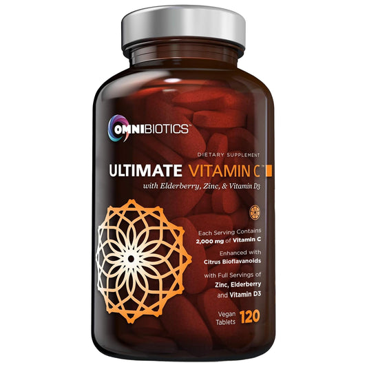 OmniBiotics Ultimate Vitamin C tablet closeup shows high-dose immune support in one tablet.