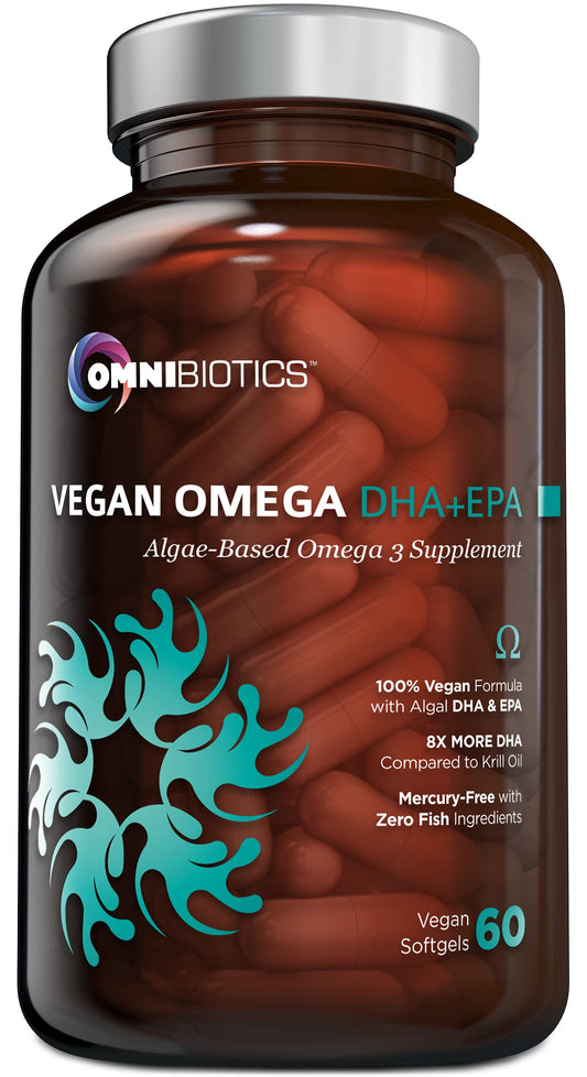 OmniBiotics vegan Omega-3 bottle showcases plant-based DHA EPA for prenatal wellness.