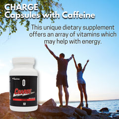 Close-up of Omnitrition Charge capsules highlighting caffeine content