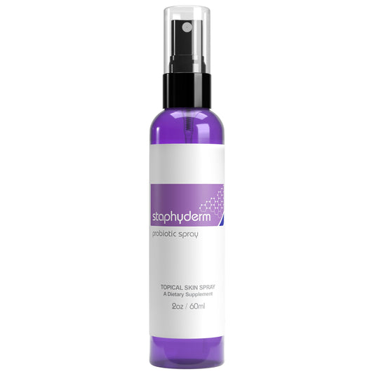 OmNutra Staphyderm bottle closeup showing probiotic formula for balanced skin