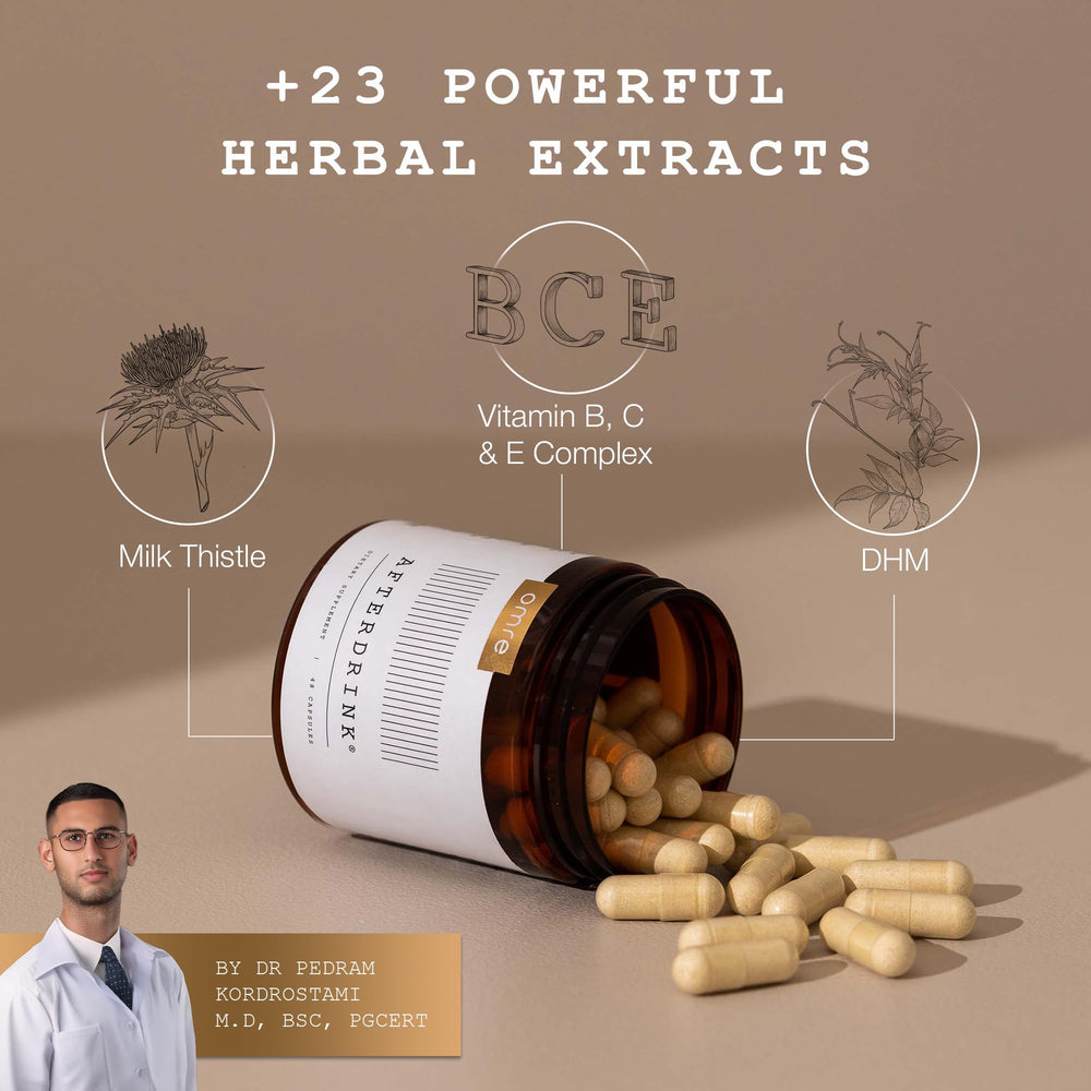 OMRE AfterDrink capsules close-up with herbal blend and portability