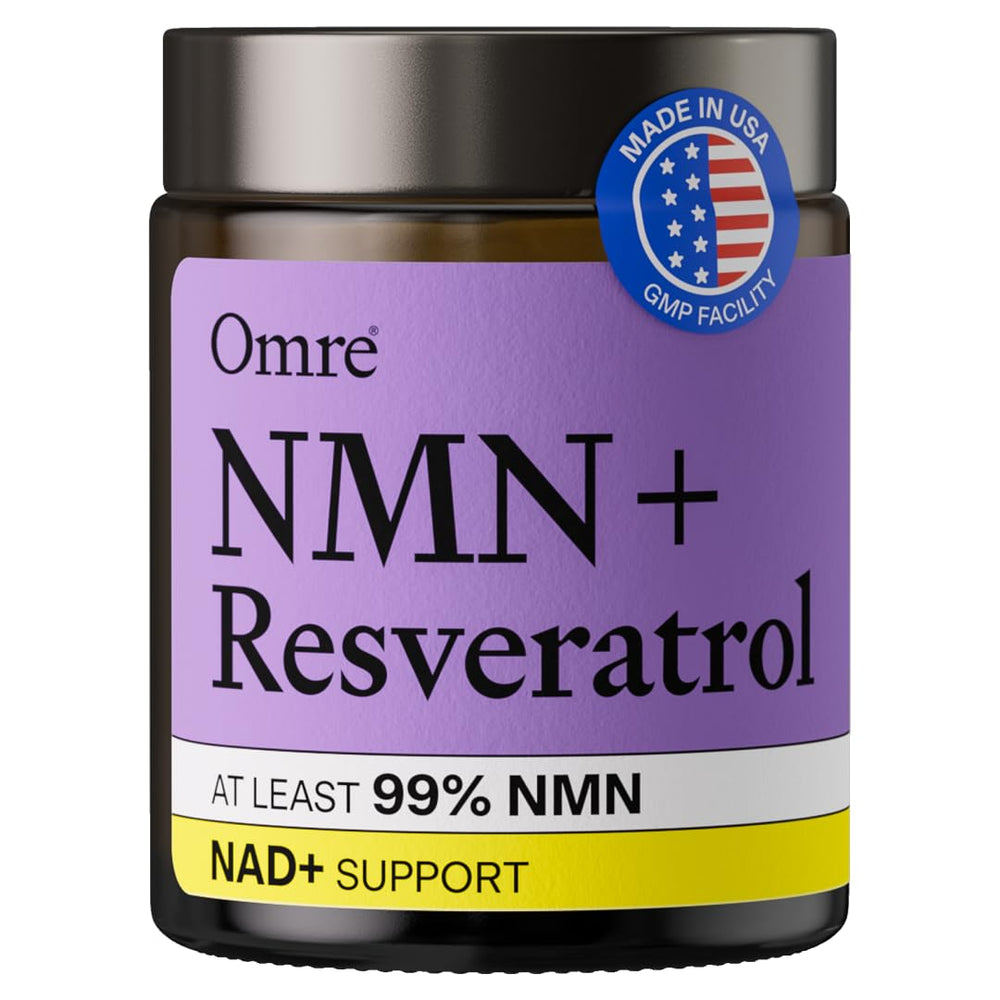 OMRE NMN + Resveratrol bottle showing premium purity for cellular energy support