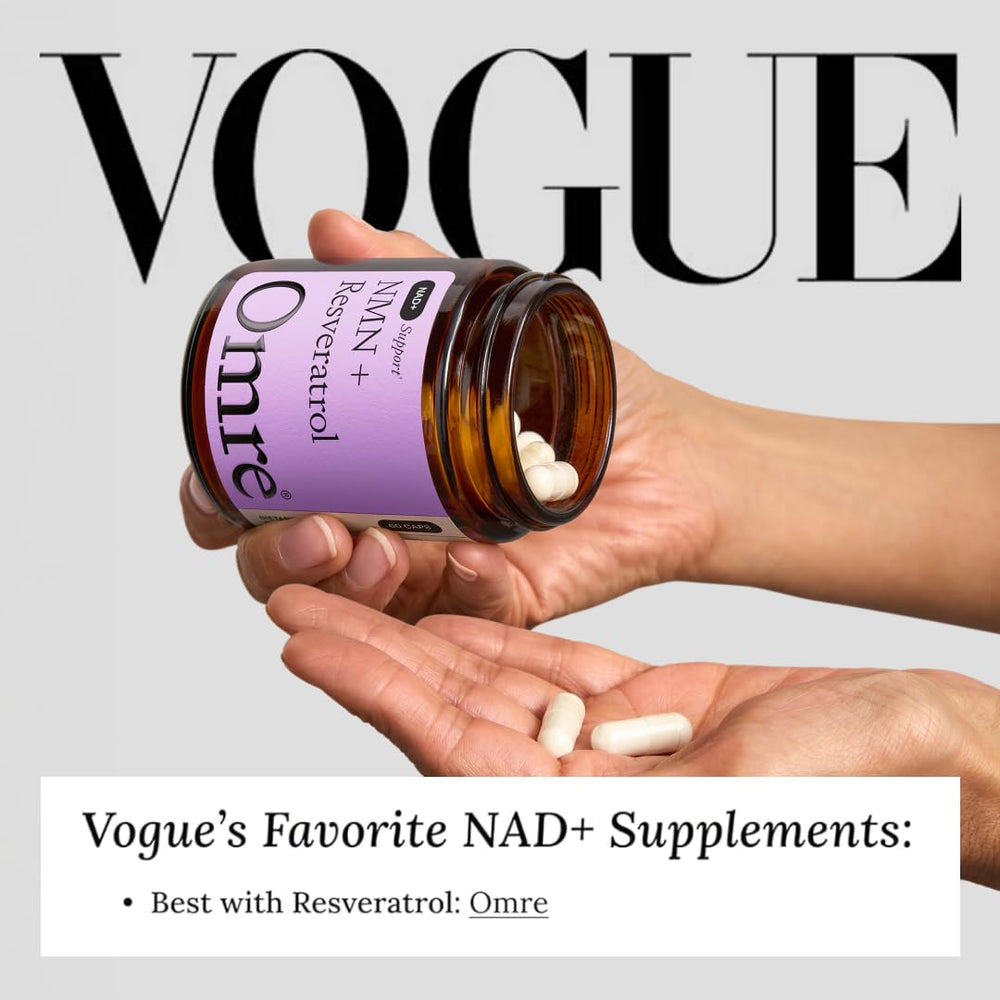 OMRE NMN + Resveratrol label with clear dosage and purity details