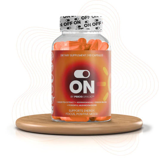 ON by Psicóespacio energy pills bottle front supports all-day energy and focus