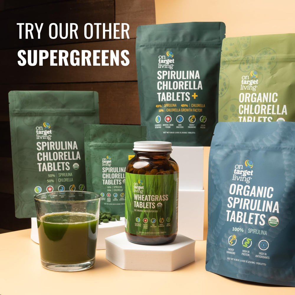 On Target Living daily greens tablets in a dispense bottle for routine use