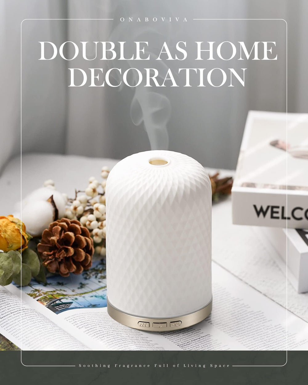 Onaboviva diffuser control panel showcases 3-button layout for easy customization.