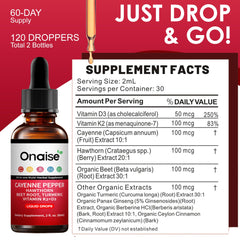 ONAISE Cayenne Pepper Drops close-up shows rich color and natural energy-boosting ingredients.