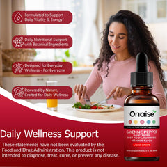 ONAiSE Cayenne Pepper Drops ingredients label highlighting herbal blend.
