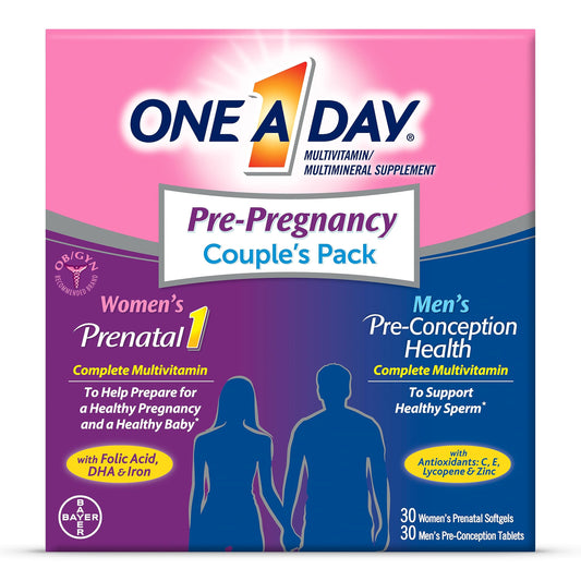 One A Day couple pack box front with two vitamin sets for pre-pregnancy planning.
