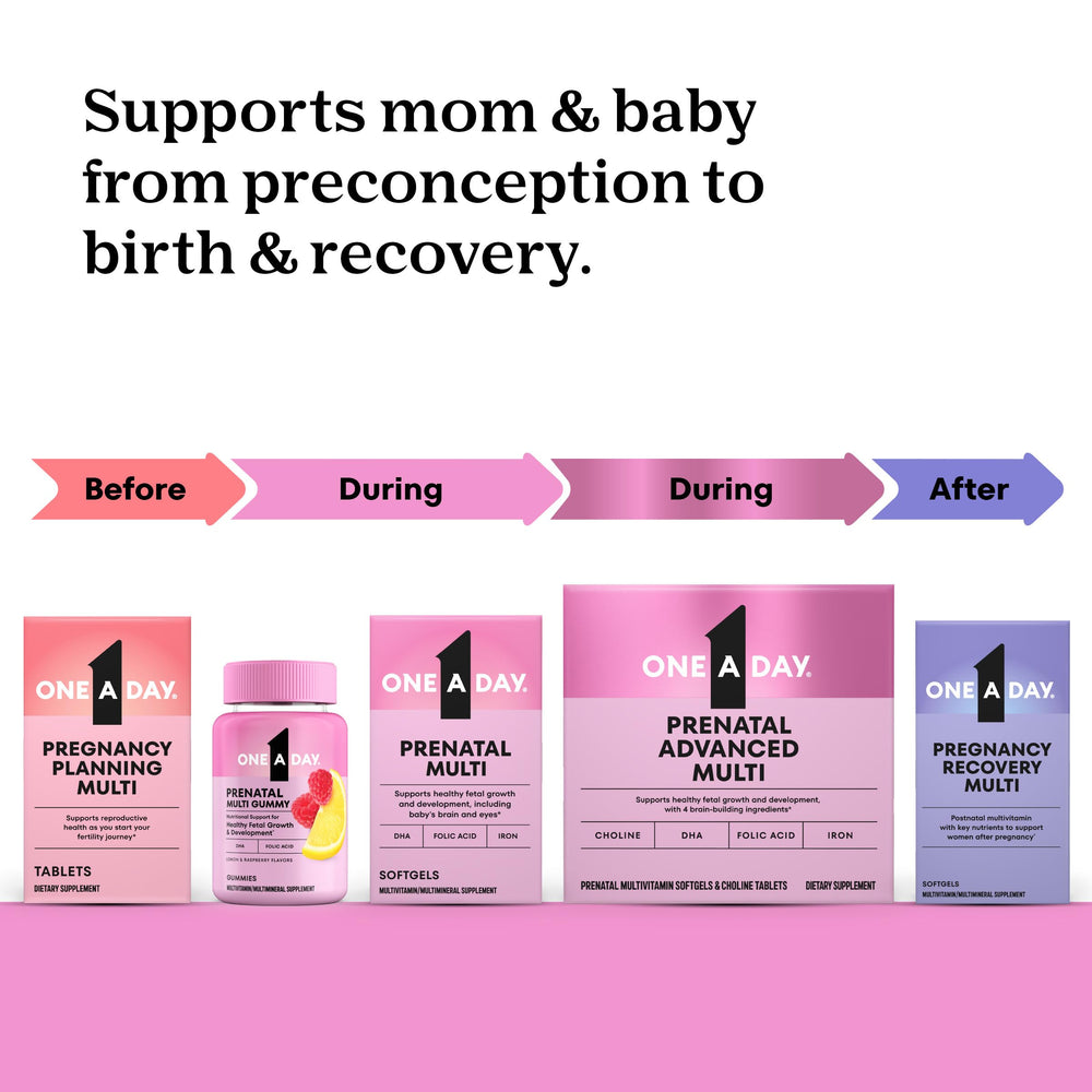 One A Day Postnatal bottle on counter showing nutrition facts for informed choices.