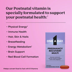 One A Day Postnatal softgel capsule highlighting DHA omega-3 for baby's development support.