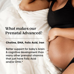 Ingredient chart highlights choline, DHA, folic acid, and iron in One A Day Prenatal Advanced.
