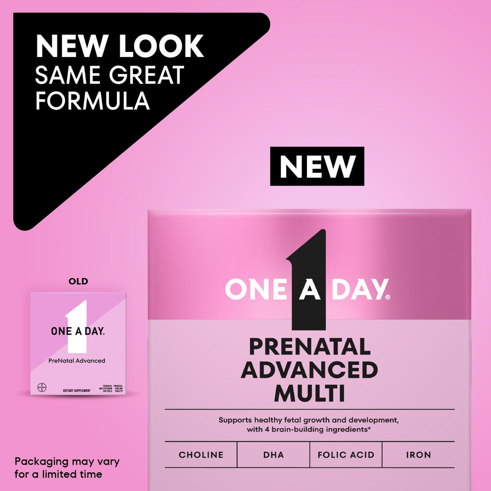 Close-up of One A Day Prenatal Advanced softgel capsules for daily intake.