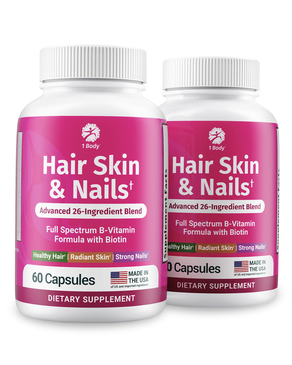 1 Body Hair Skin Nails Growth Vitamin bottle, supports hair, skin, and nails.