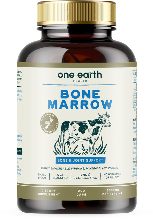 One Earth Health bone marrow supplement bottle with grass-fed New Zealand nutrition.