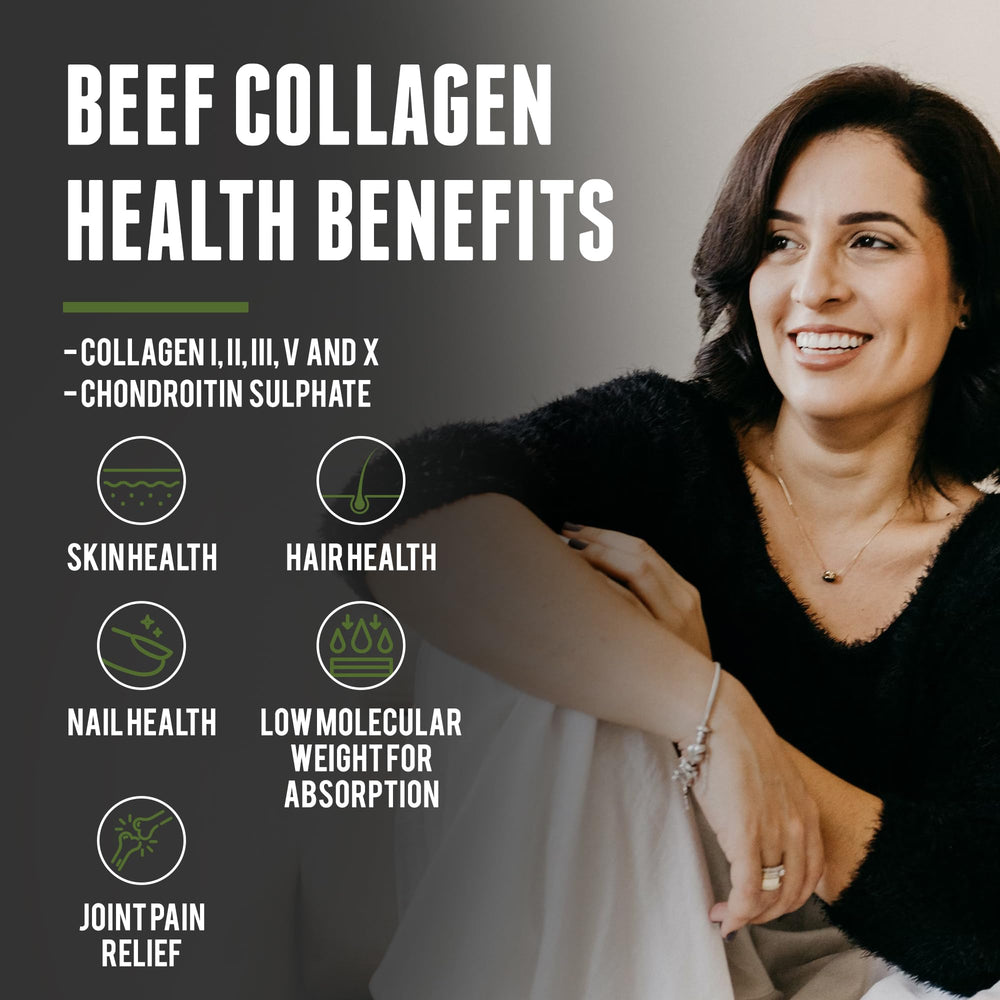One Earth Health Grass Fed Beef Collagen powder with scoop showing convenient serving size