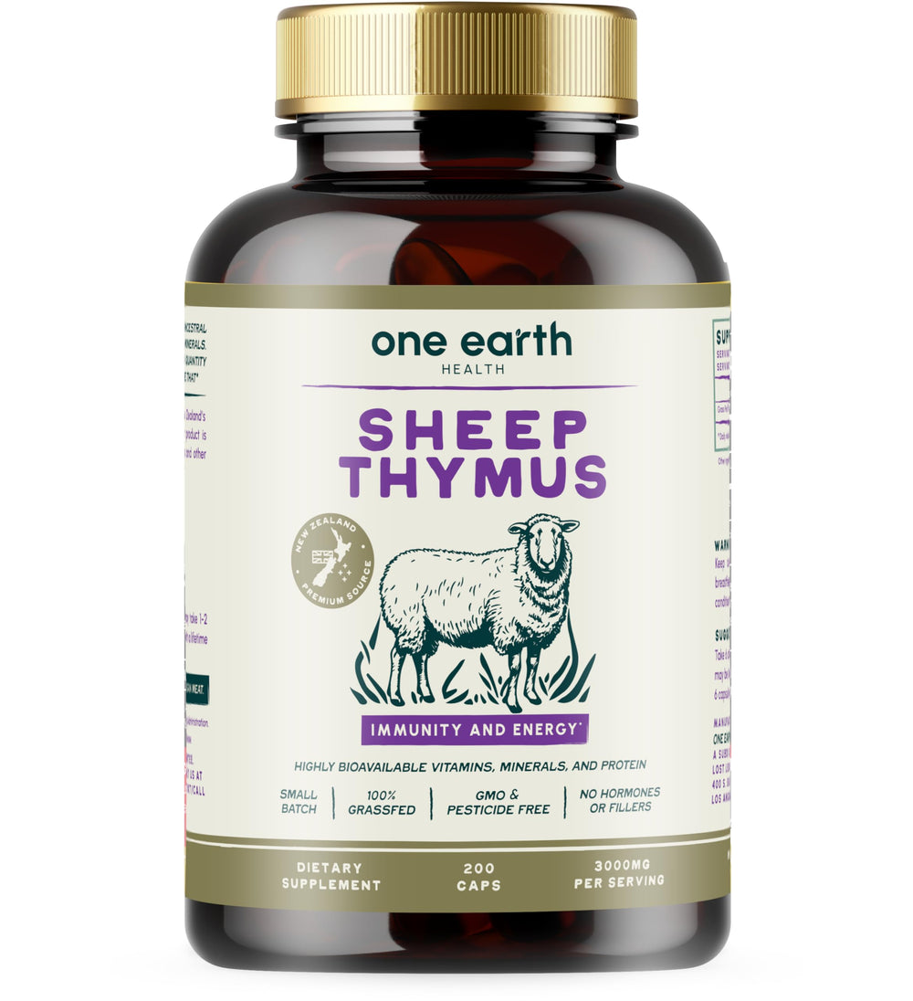One Earth Health Grass-Fed Thymus capsules, NZ-sourced, ready for daily immune support.