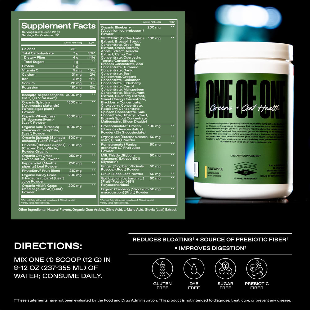 ONE OF ONE Greens label notes USA-made and cgmp facilities