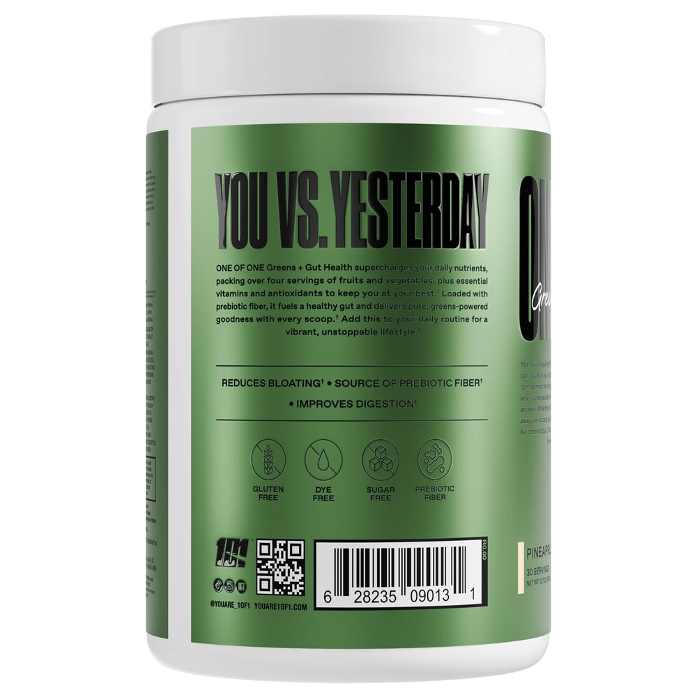 ONE OF ONE Greens probiotic blend label highlighting gut-friendly ingredients