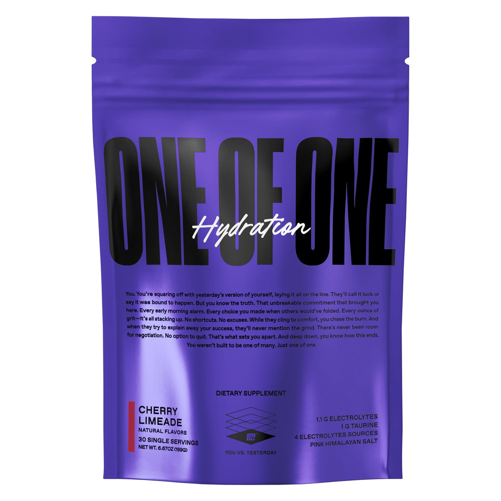 ONE OF ONE Hydration bottle pour for fast on-the-go electrolyte replenishment.