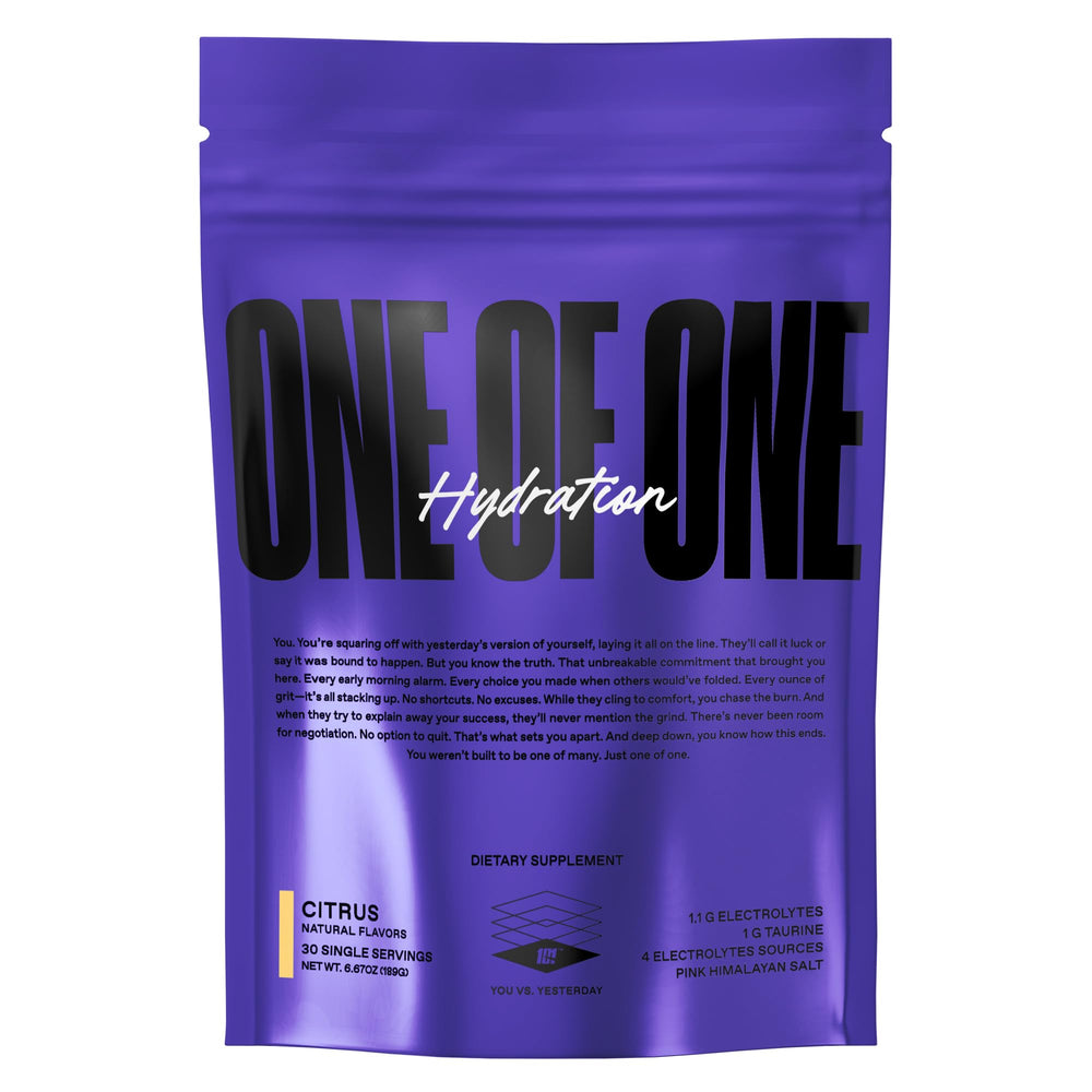 ONE OF ONE Hydration Electrolyte Powder tub front shows citrus flavor and zero sugar benefits.
