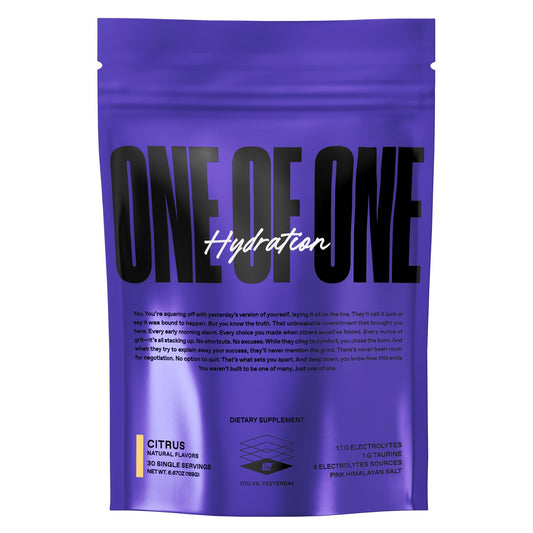 ONE OF ONE Hydration Electrolyte Powder tub front shows citrus flavor and zero sugar benefits.
