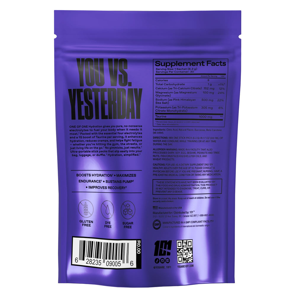 ONE OF ONE Hydration Electrolyte Powder tub label highlights citrus flavor benefits.