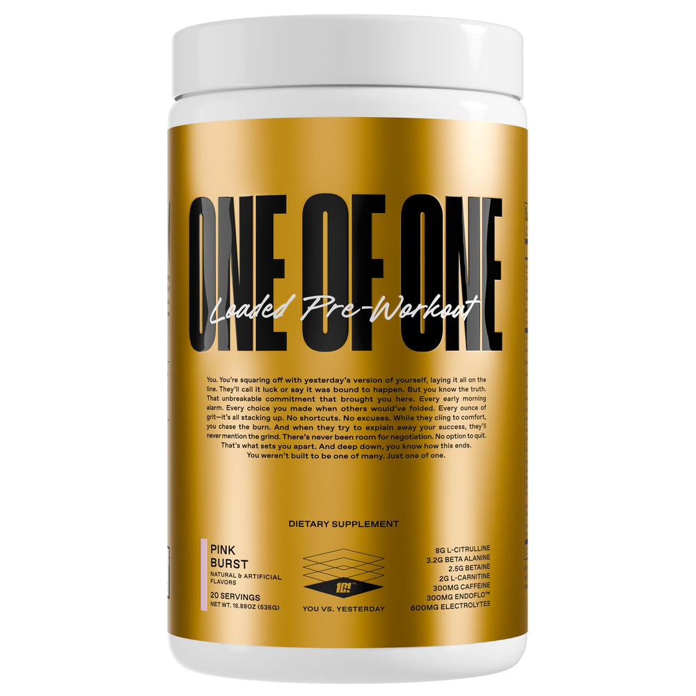ONE OF ONE Loaded Pre-Workout Pink Burst tub boosts energy before workouts.