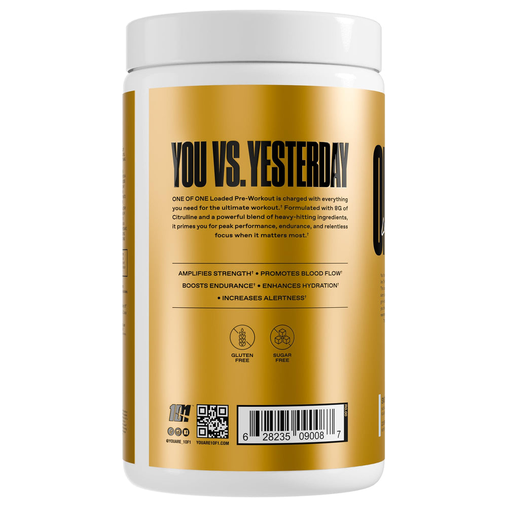 ONE OF ONE Loaded Pre-Workout scoop powder close-up shows quick mix and focus potential.