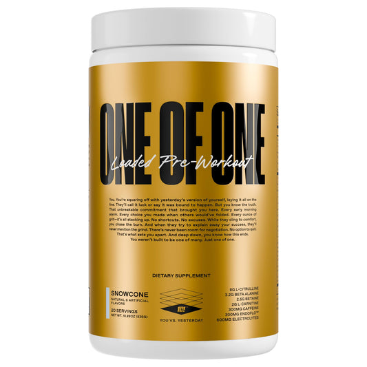 ONE OF ONE Loaded Pre-Workout Snow Cone can close-up highlighting energizing formula for workouts.