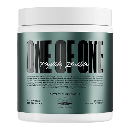 ONE OF ONE Peptide Builder bottle front showing muscle-building support for workouts
