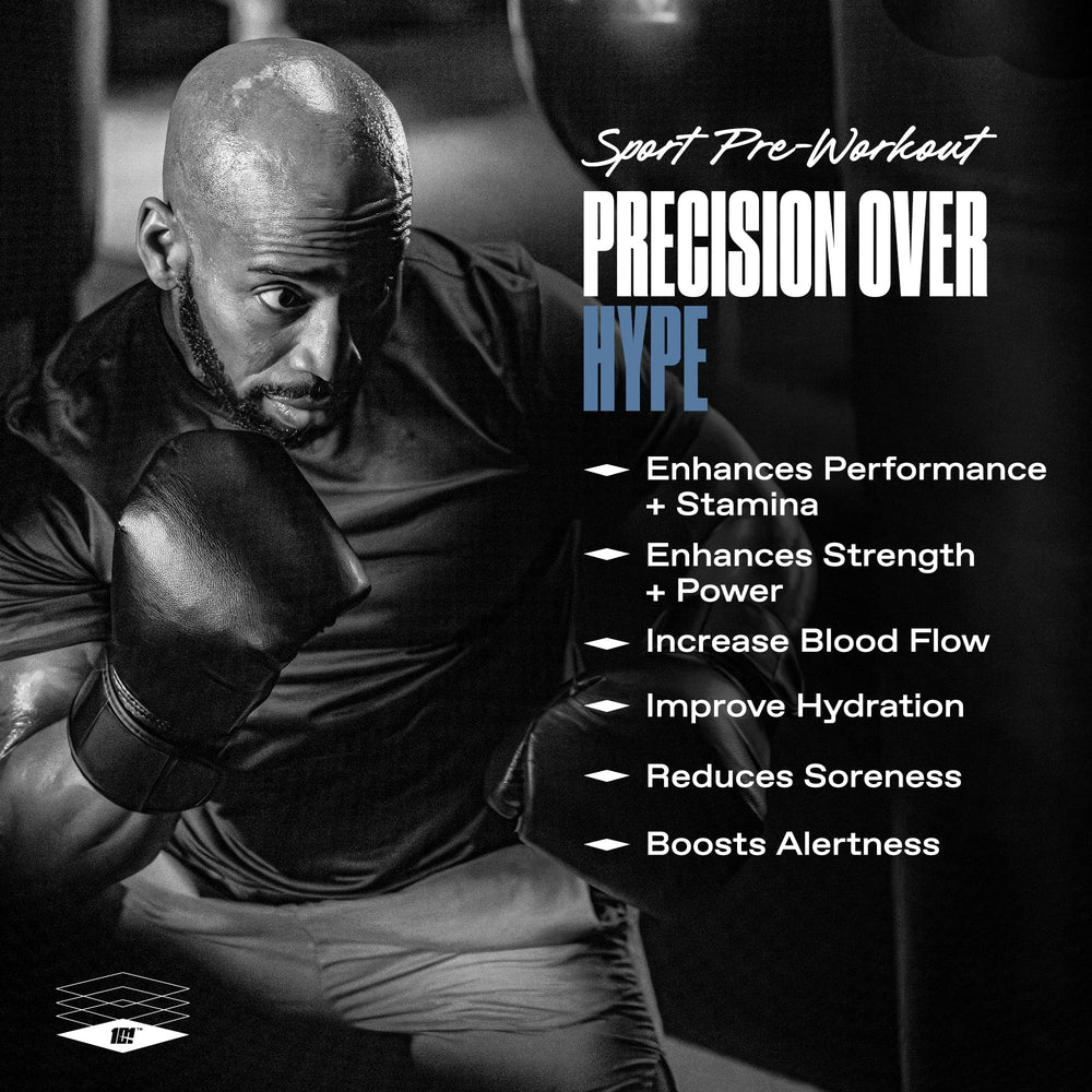Label closeup of ONE OF ONE Sport Pre-Workout showing key benefits