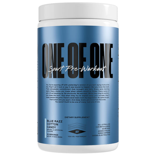 ONE OF ONE Sport Pre-Workout tub in Blue Razz Cotton Candy for clean energy during training