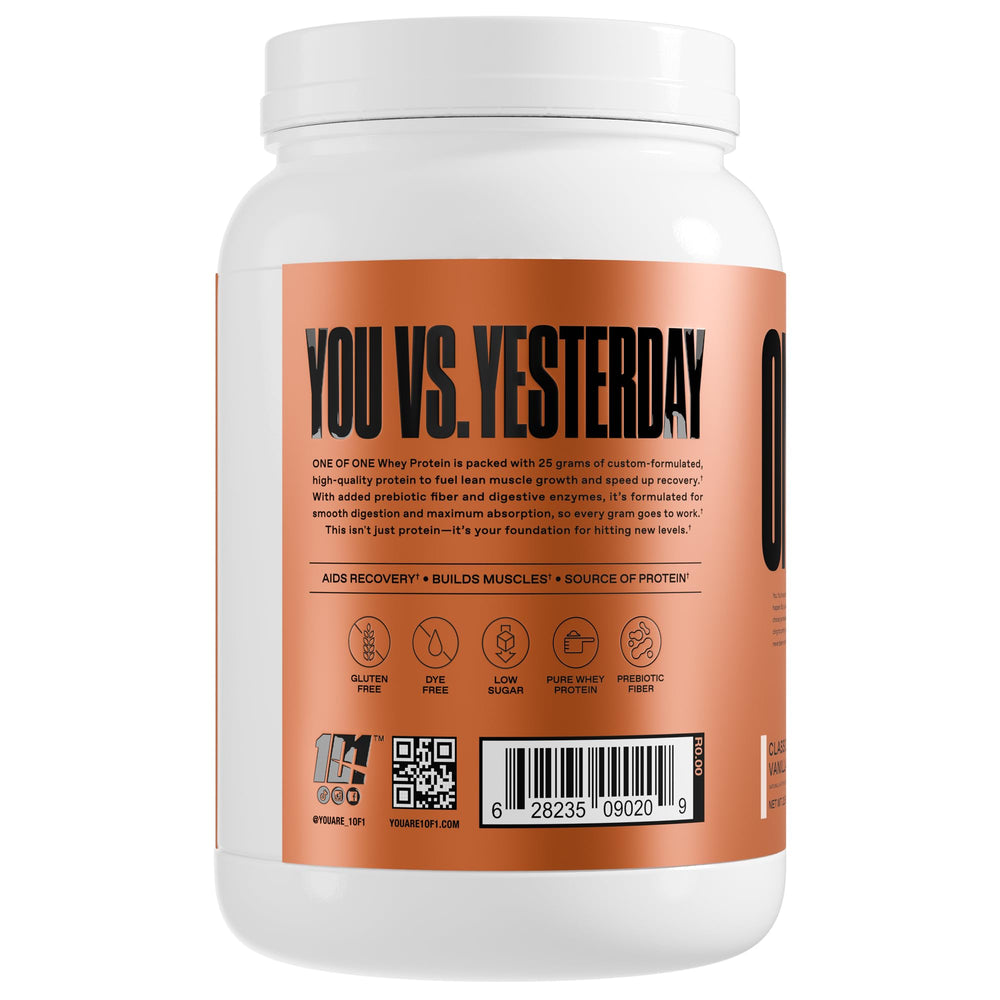 ONE OF ONE Whey Protein with digestive enzymes supports smoother digestion.